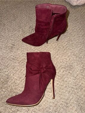 Shoe Dazzle Burgundy Suede Pointed Stiletto Ankle Boots with Side Knot